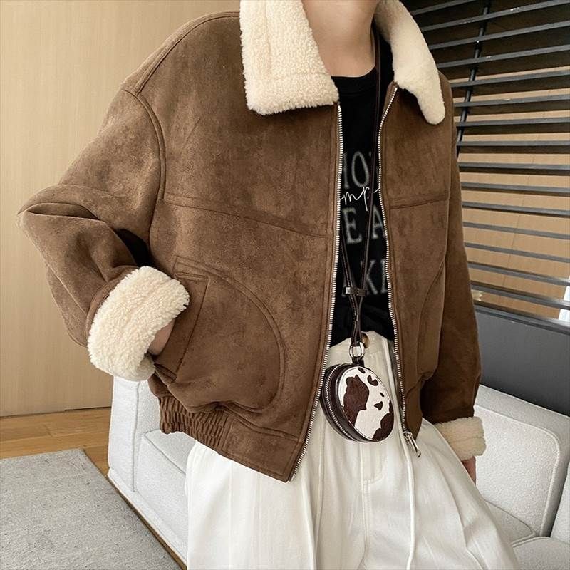 激安価格！ジッパー レザー おしゃれ ストリート ジャケット コート 茶 かっこいい 上着 ヴィンテージ M もこもこ ボーイフレンド キャメル ハイウエスト ボア ショート レディース 長袖 ファス