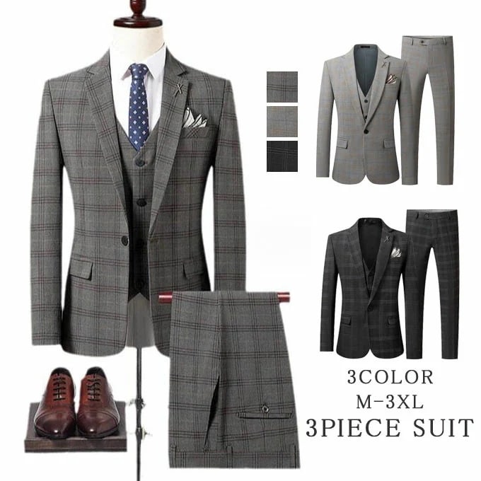 スーツ メンズ おしゃれ スーツセットアップ 3ピーススーツ ビジネススーツ チェック柄 スリム カジュアルスーツ フォーマルスーツ 洗える 紳士服 通勤 結婚式