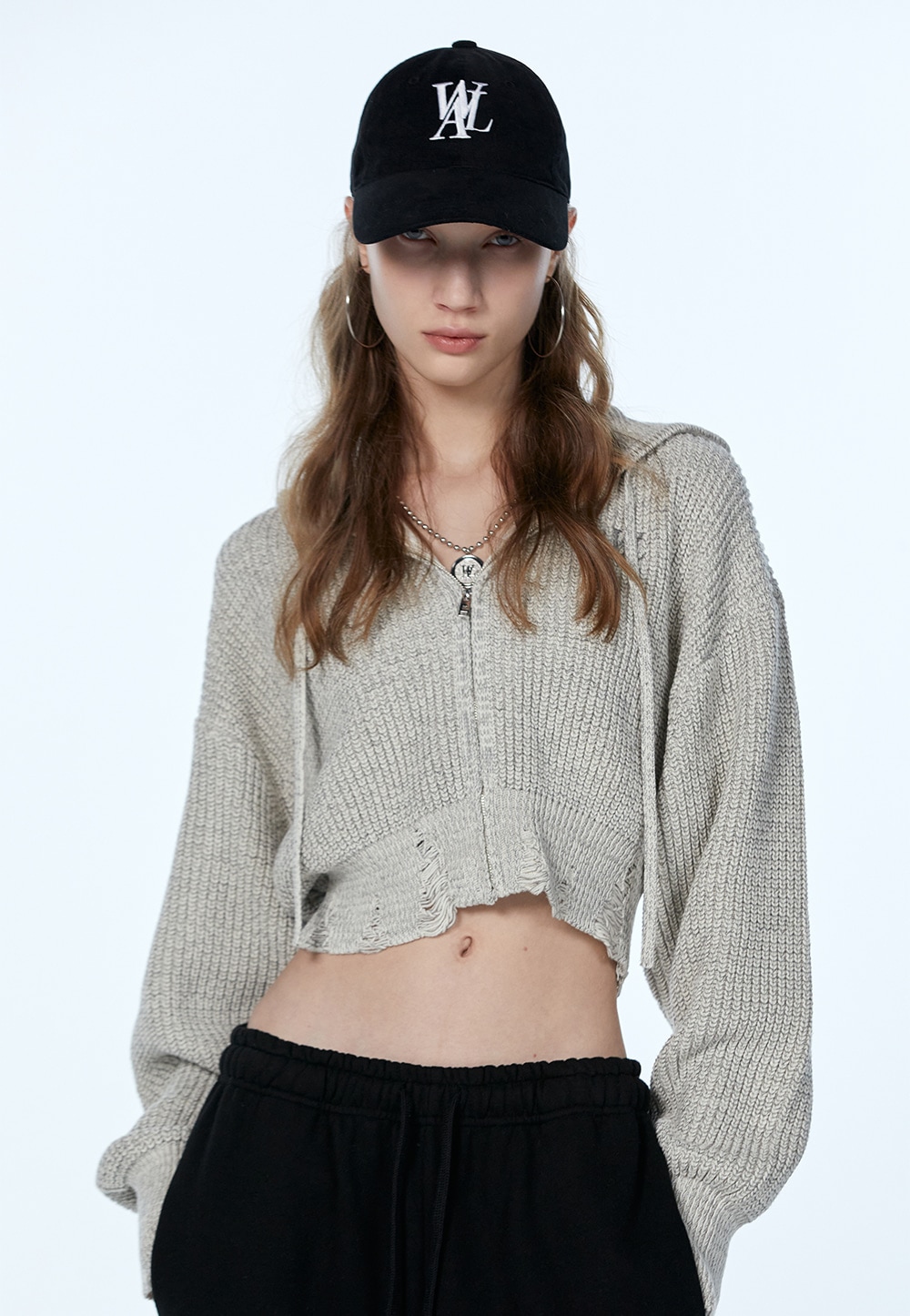 【WOOALONG】 DAMAGE KNIT HOOD ZIP-UP : BEIGE