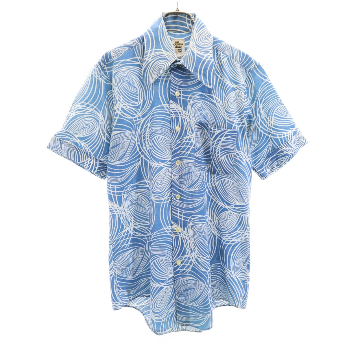 THE CUSTOM SPORT 70s カナダ製 ヴィンテージ 総柄 半袖 アロハシャツ S ブルー メンズ 古着