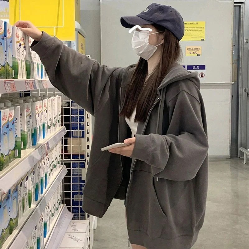 韓国風のオーバーサイズのフード付きカーディガンスウェットシャツゆったりとしたコートレディースの秋冬用フリース裏地の厚手トップスレディースのレイジースタイル