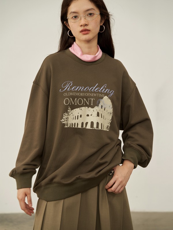 オーモント エッグタルト ホーム レトロ ラウンドネック プリント スウェットシャツ レディース 秋冬新作 ゆったり カジュアル プルオーバー 長袖 トップス