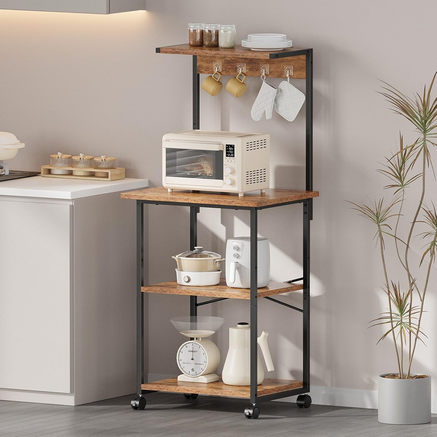 レンジラック キッチン棚 トースターラック キャスター付き 高さ調整可動棚 四つフック 幅50×奥行35×高さ132cm ビンテージ キッチン収納