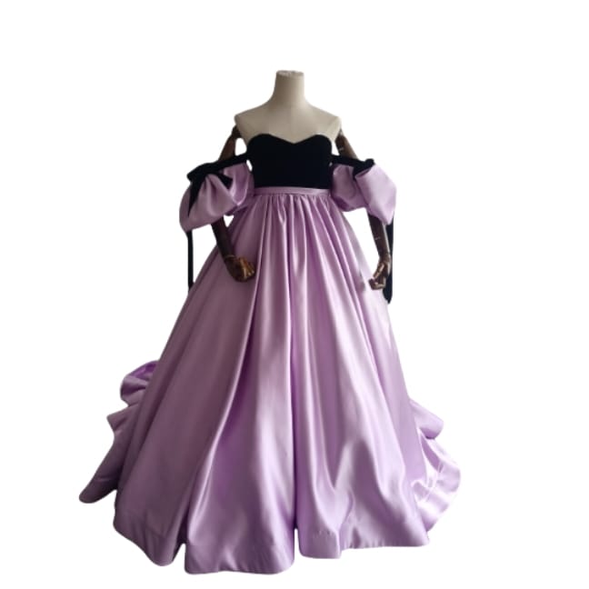 カラードレス パープル 黒 ビロード ベアトップ リボン 取り外し袖 妊婦 編み上げ 披露宴