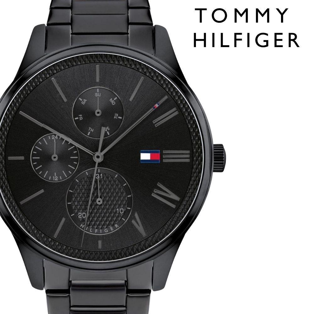トミーヒルフィガー 腕時計 メンズ 44mm ブラック ステンレス マルチファンクション TOMMY HILFIGER メンズウォッチ 大きめ かっこいい ブランド 男性 彼氏 夫 父 プレゼント 就