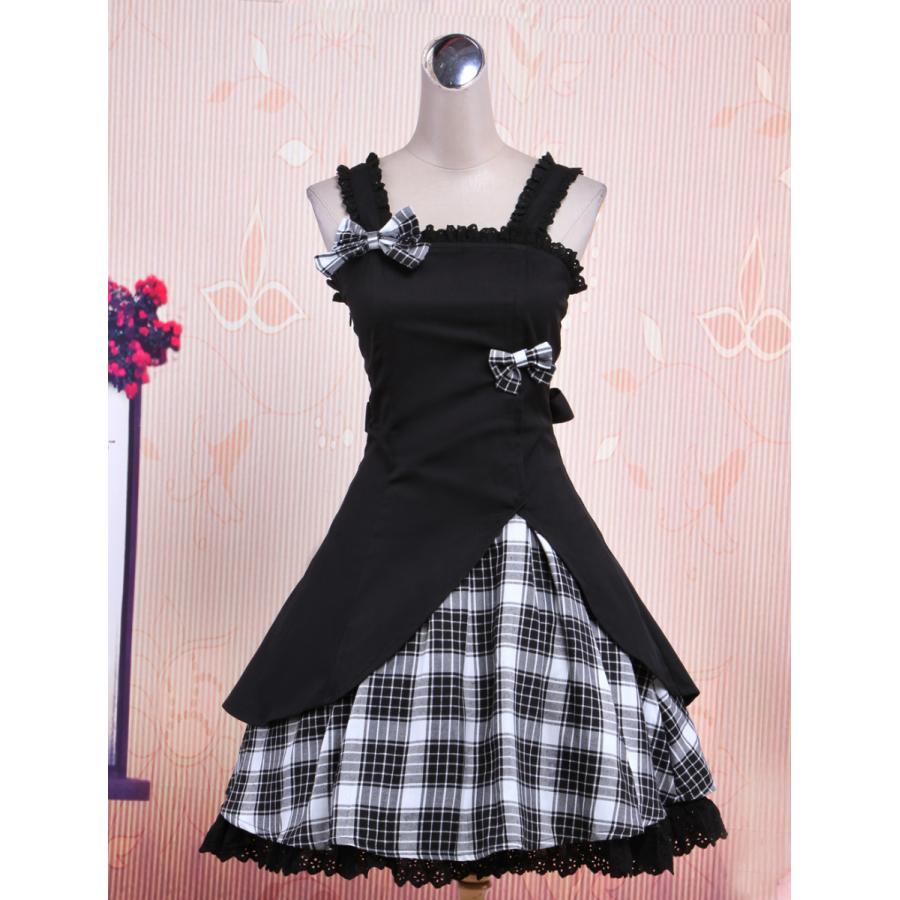 ゴスロリ　ゴシックロリータドレスJSK　ギンガムアップリケ　ロリィタジャンパースカート　ブラック　アイドル衣装　洋服　お茶会-543