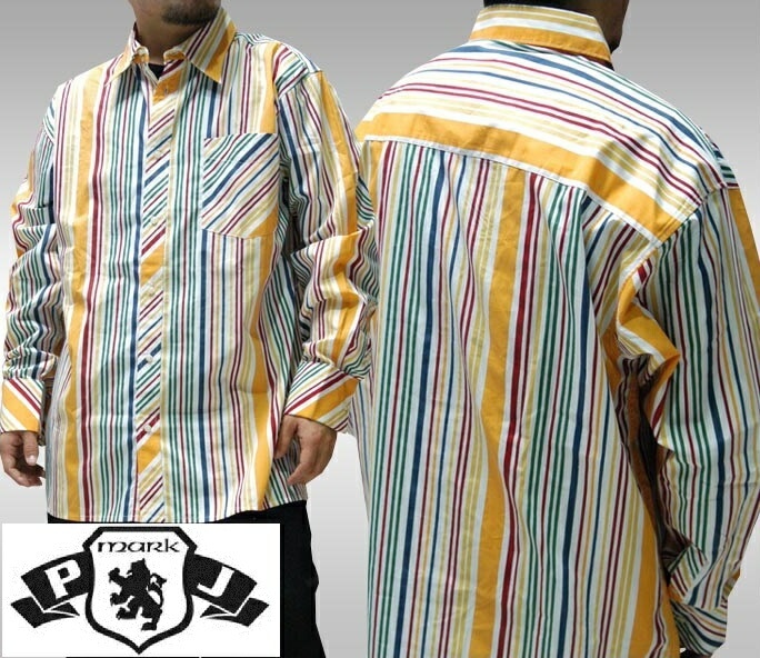 セール PJマーク メンズ カジュアルシャツ ストライプ 長袖 ボタンシャツ PJ MARK ストリート カジュアル スタイル HIPHOP ウェアー ブランド ファッション ヒップホップ ダンス
