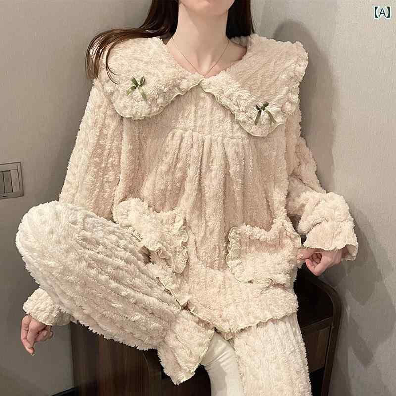 ルームウェア レディース パジャマ 部屋着 ガーリー コーラルベルベット フランネル 秋冬 長袖 プルオーバー ホームウェア セット ホワイト ブルー ピンク