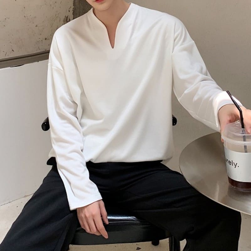 メンズシャツ長袖トップス韓国トレンドVネック高校生中学生男男子学生7004Tシャツメンズ