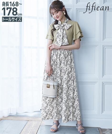 ロングマキシ丈/半袖 高身長　ドッキングワンピース スカーフ付 トールサイズ fifiean