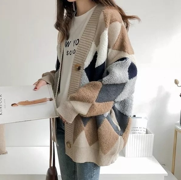 【SNSで話題沸騰】 カジュアル ニット 長袖 配色 幾何模様 アウター セーター カーディガン