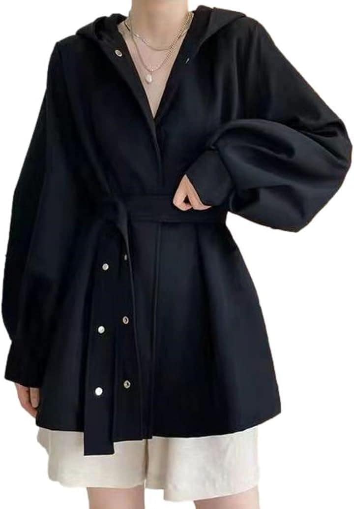 コート レディース トレンチ スプリング フード付 バルーンスリーブ Aライン ポンチョ ベルト付 ショート丈 オシャレ着 カジュアル 腰周り フーデットコート 羽織(ブラック, M)