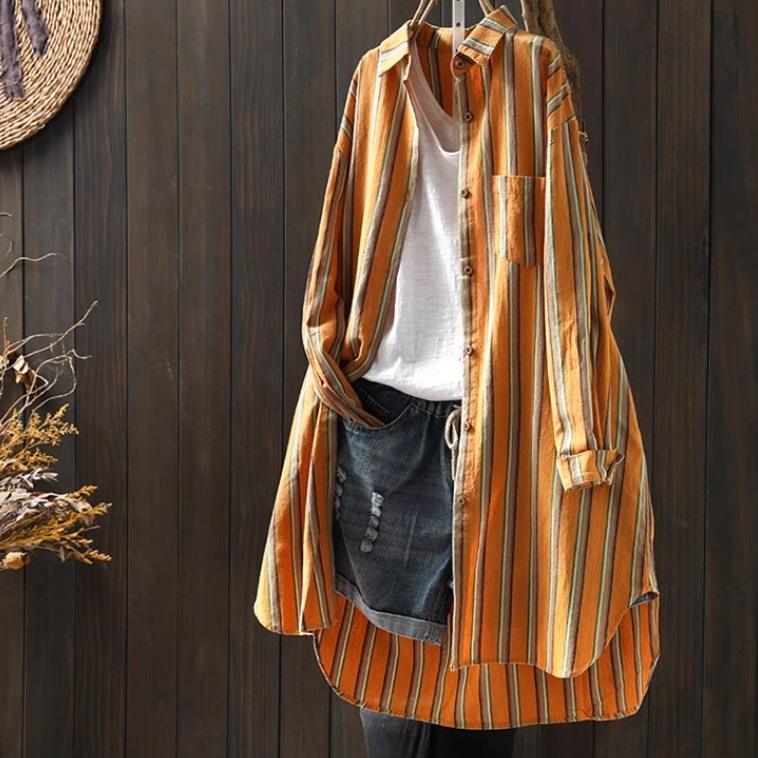 レディース トップス シャツ ブラウス 羽織 前開き ロング 長袖 襟付き ワイド ポケット ボタン かわいい 大人可愛い シンプル カジュアル おしゃれ かっこいい レトロ こなれ感 ラフ ルーズ