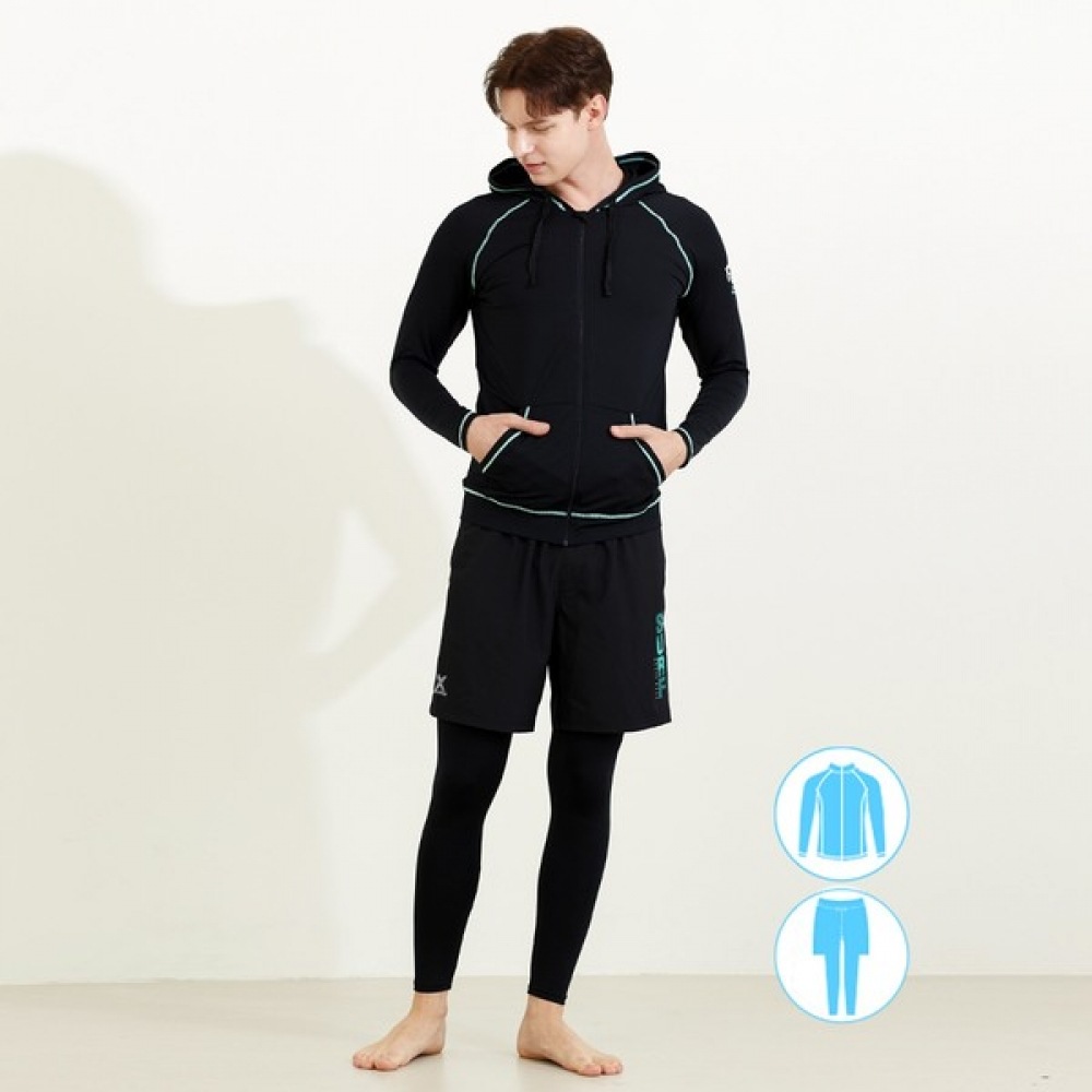 (ベーシックエル) ベーシックエルメンズジップアップラッシュガードビーチショーツウォーターレギンスセット BEM-W915T