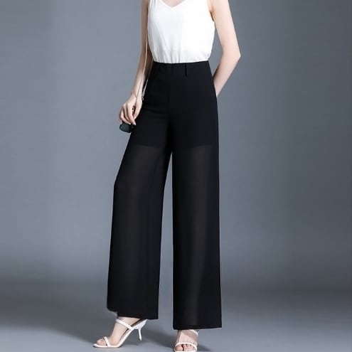 パンツ ボトムス 長ズボン ワイドパンツ 透け感 シフォン シアー裏地付き スリットタック ハイウエスト 10分丈 スキニー スリット ストレッチ 美脚 動きやすい 韓国 かわいい 可愛い lbot0