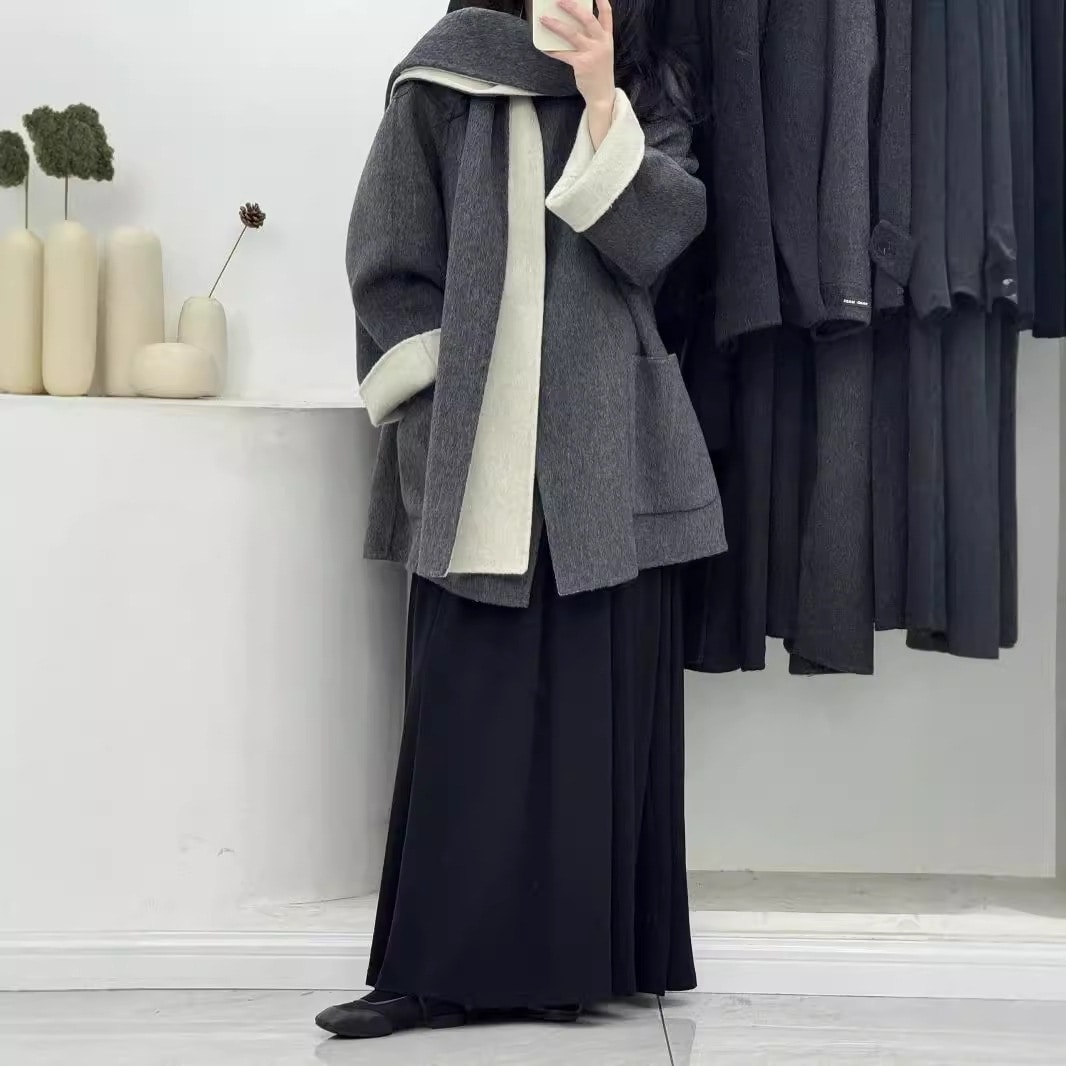 両面ツートンスカーフ付き両面ウールコートミドル丈ゆったりフィット極厚で暖かいカシミアの韓国スタイル