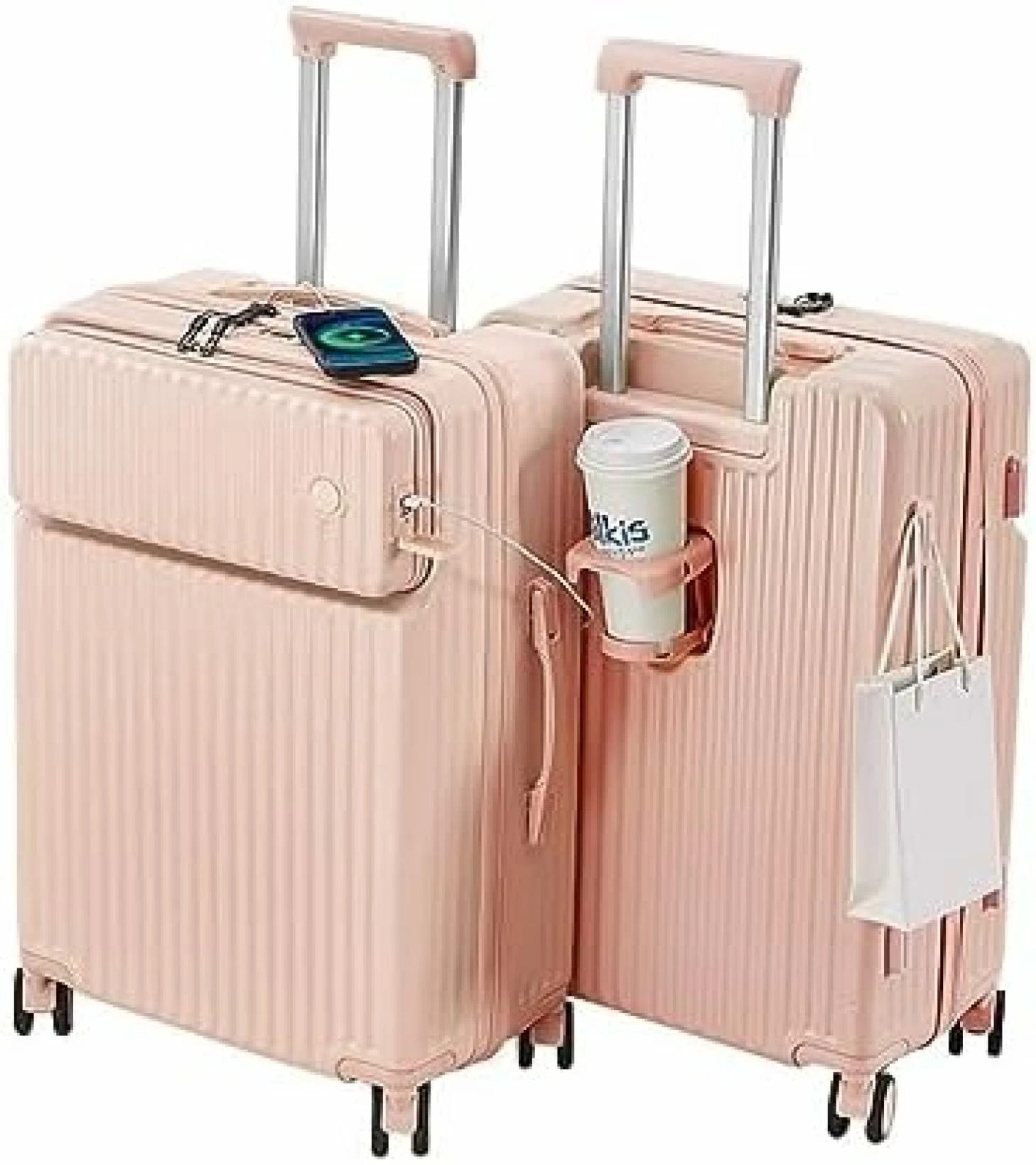 スーツケース 前開き キャリーケース usbポート付き カップホルダー付き キャリーバッグ フロントオープン トランク 機内持ち込み 超軽量 静音 耐衝撃 360度回転 旅行 出張 三段階調節可能 大