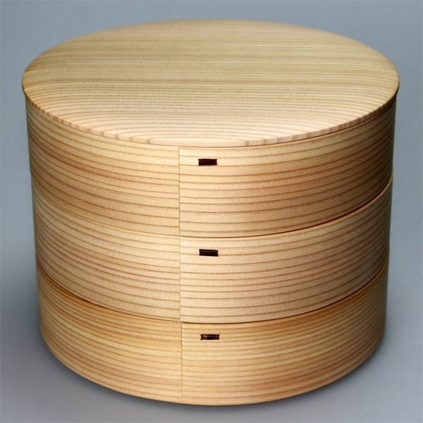 天然秋田杉　大館曲げわっぱ　６寸　丸三段重箱　白木