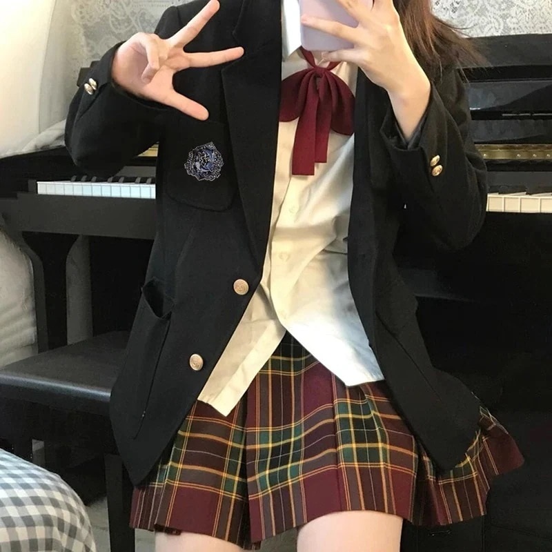 オールインワンセットアップセットアップジャケット ブラウススカート 制服 スクールスーツ フォ 高校生 五点セット 学生服 学園祭 バッジ セットアップセーラー服 キッズ子服スーツ 文化祭 スクー