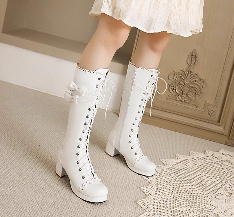 レディースブーツロングブーツレースアップブーツ編み上げブーツロリータ風コスプレ22～26.5cm