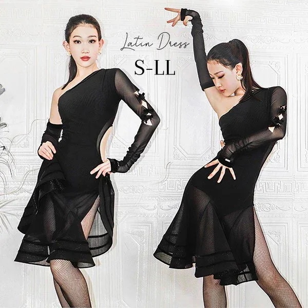 ラテン 衣装 ラテンドレス 社交ダンス衣装 ダンスウエア 黒 豪華なドレス チャチャ サンバ スリム ブラック 豪華 ステージ衣装 レディース ドレス ラテンダンス 舞踏会 演出用 出演 ワンピース