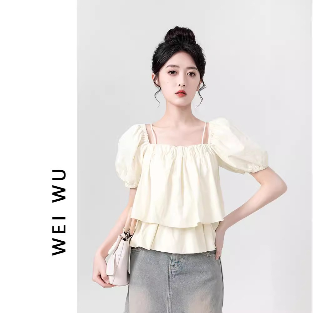 ストレートサスペンダー半袖ベビードールシャツ女性用2024スクエアネックパフスリーブシャツおしゃれショート