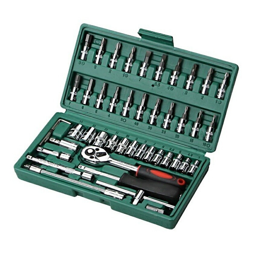 ソケットレンチセット 46点セット 差込角6.3(1/4インチ) バイク 自転車工具 レンチ スリーブ ラチェットレンチ ソケットドライバー 修理 ケース付き