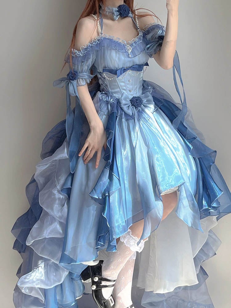 【激安本日限定】ロリータ ワンピースブルーウェディングドレス ロリータドレス ドレス ロリータ重工テールふわふわプリンセスドレス