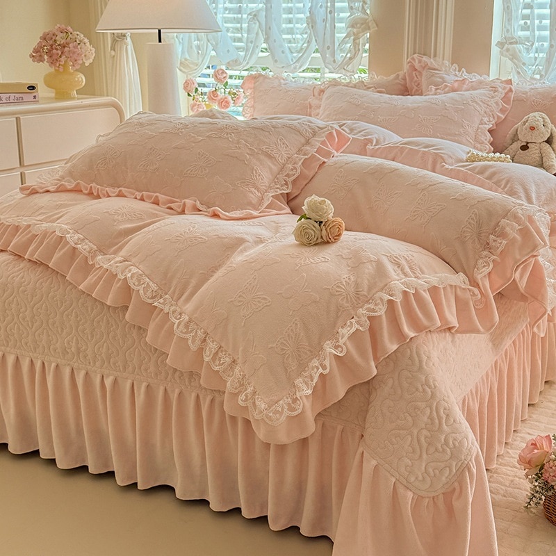 韓国風レーストリムミルクフリースキルティングマットレスカバー4点セットプリンセススタイルA型彫刻マットレスカバー4点セット秋冬スタイル1