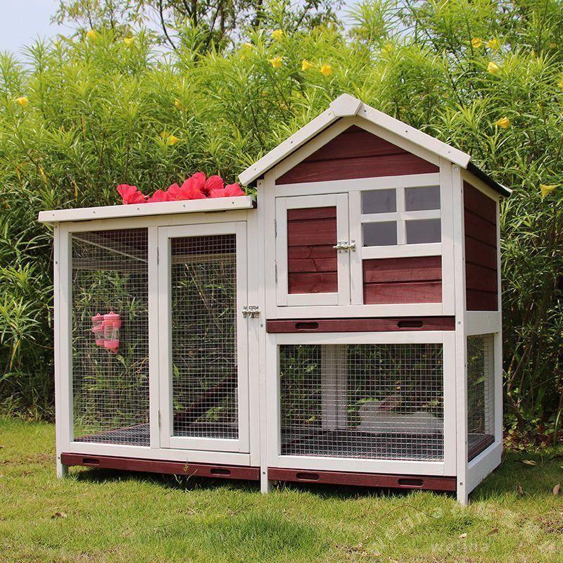 小動物ケージ 木製うさぎケージ 屋外ウサギ小屋 飼育ケージ 鶏小屋風フラットキャビン 換気ドア付き ラビットケージ ペットハウス
