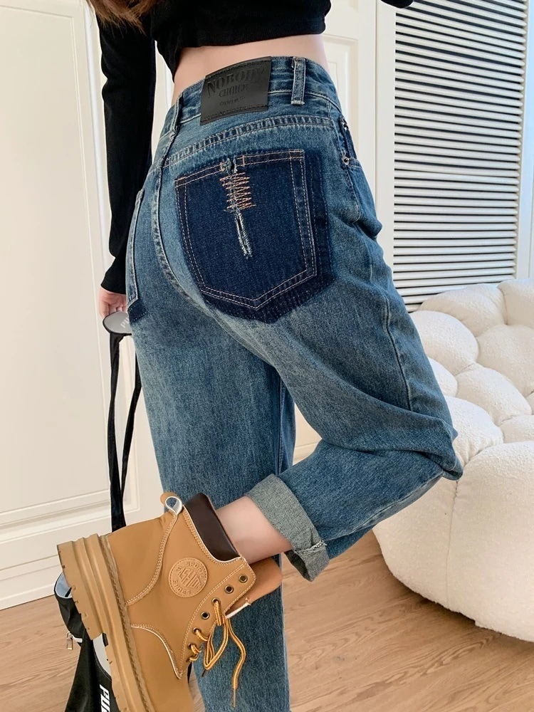 ヴィンテージブルーハイウエストハーレムジーンズ女性ルーズ薄いl春春冬春と春マイクロ脂肪洋ナシ型体型