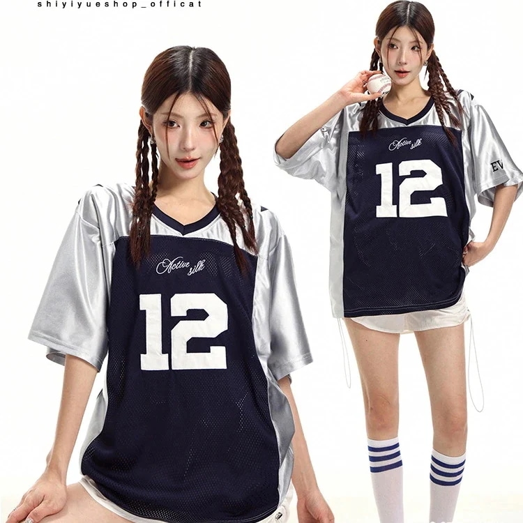 2025春夏 韓国可愛い風トップス K-POPファッション長袖ストリート系サイド丈フットシルエットシャツ衣装レディースサイズVネックユニセックスおしゃれカジュアル春メンズダンスラグラン配色T Tシャツ