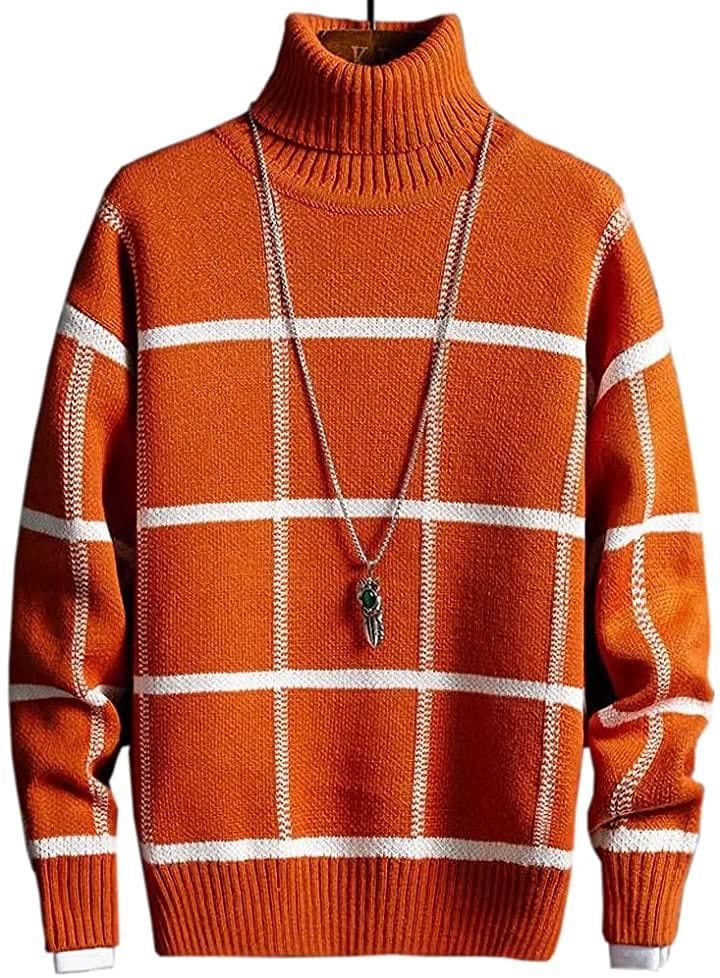 アスペルシオ タートルネック チェック柄 ニットセーター 長袖 トップス メンズ オレンジ(ハピーオ
