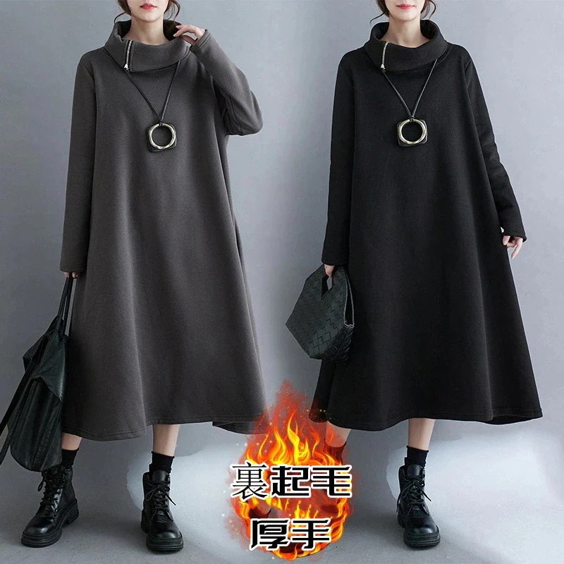 秋冬 新作 おしゃれ シンプル ワンピース 裏起毛 厚手 ロングワンピース 長袖 ワンピース 大きめサイズ Tシャツワンピース 保温30%制限