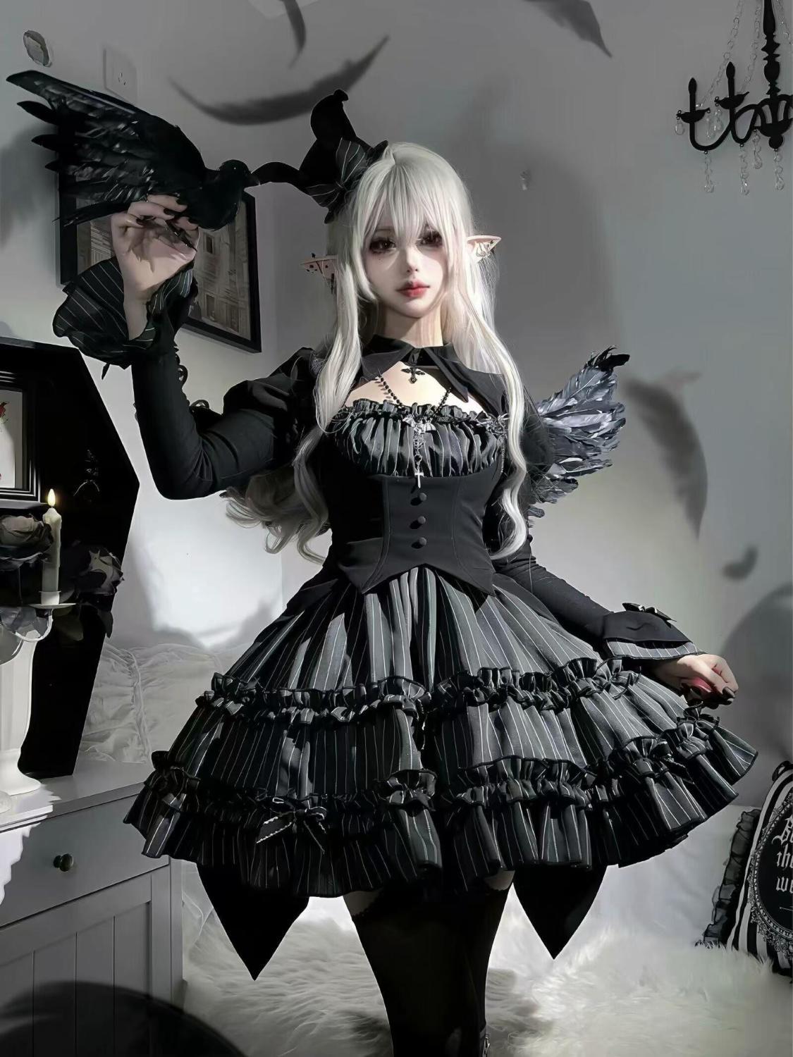 ストライプスカート コスプレ トップス ワンピース コスチューム ロリータ ダークスーツ ブラック
