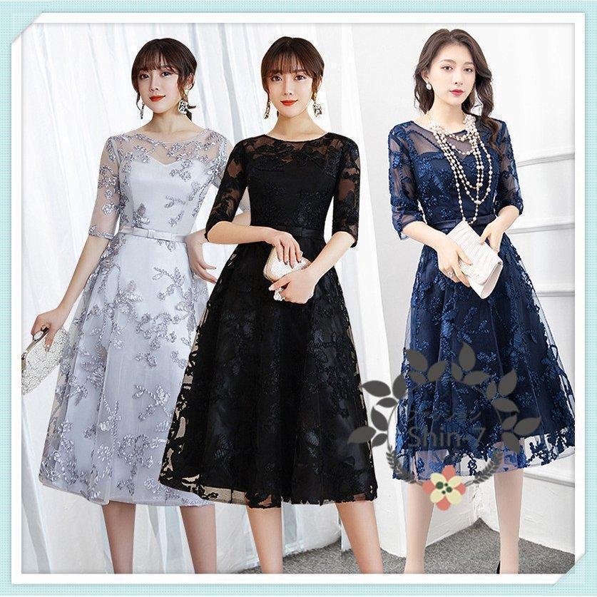 【即納】パーティードレス20代30代40代50代結婚式ワンピース大きいサイズ袖ありフォーマルロワンピース膝丈お呼ばれドレス服装服女性二次会親族