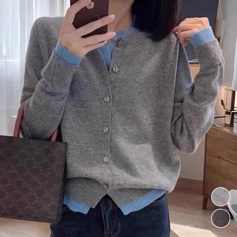 フェイクレイヤード 長袖 ニット セーター 重ね着 カーディガン