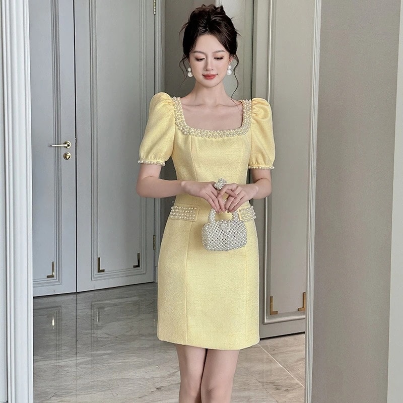 大人 披露宴 ワ着やせ 気質 フォーマルキャバ お呼ばれドレス 卒業式 大人 同窓会 パーティードレス ブティック風スクエアネック 結婚式 ウェディング ショートワンピース