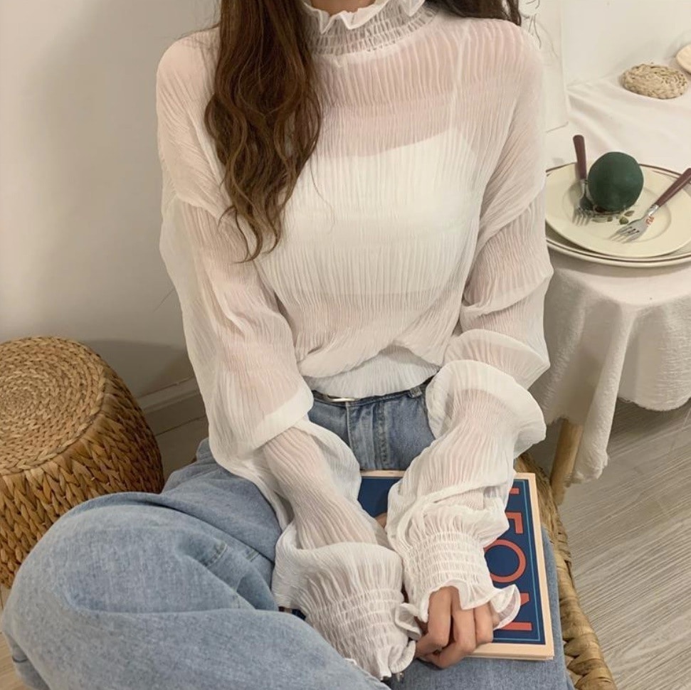 ブラウス ハイネック シフォン シアー シースルー 透け感 韓国 レディース オルチャン 長袖 ボリューム袖 フリル袖 プリーツ ドレープ 薄手 かわいい 大人可愛い きれいめ シンプル