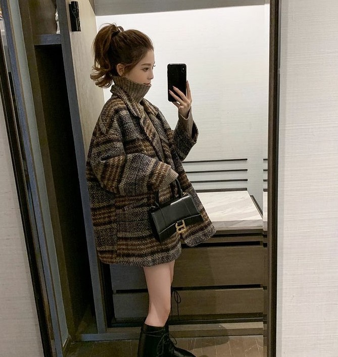 ブルゾン 綿 ミドル丈 中学生 高校生 長袖 韓国 原宿系 ファッション チェスターコート レディース チェック柄 冬服 ラシャコート ショート丈 ジャケット 折襟 パーカー カジ