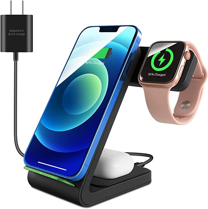 ワイヤレス充電器3in1 15W急速 置くだけ充電 Apple Watch/Airpods充電対応 iphone8 /Samsung Galaxy S6以降など qi機種対応 黒(黒)