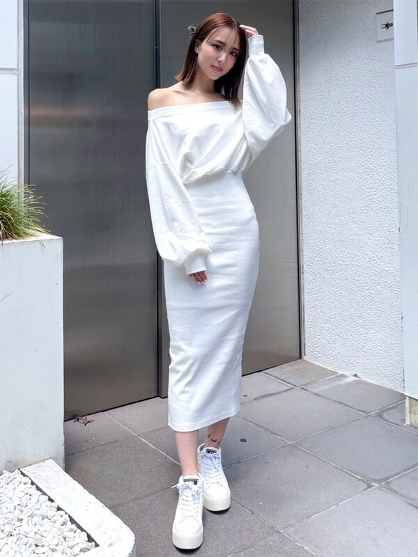 GYDA ジェイダ テレコオフショルドッキングロングワンピース テレコ オフショル スウェットワンピース ロングワンピース レディース きれいめ おしゃれ かわいい カジュアル ブランド タイトスカー