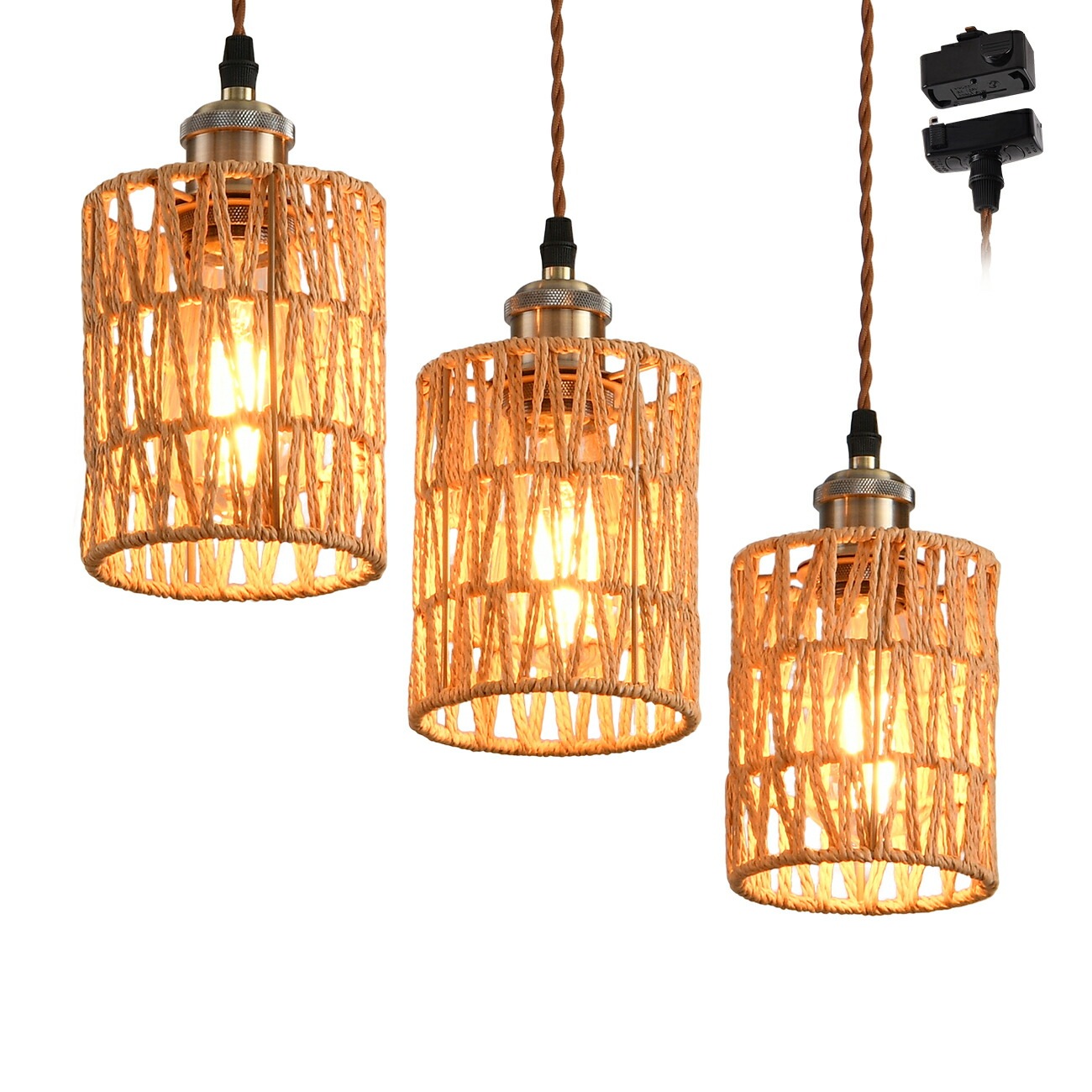 ペンダントライト ダクトレール式 スポットライト 3個セット 北欧風 引掛シーリング E26口金 LED 電球別売り 天井照明 照明器具 手織り 編み式カバー 吊り下げ 100cm調節可能 ダイニング