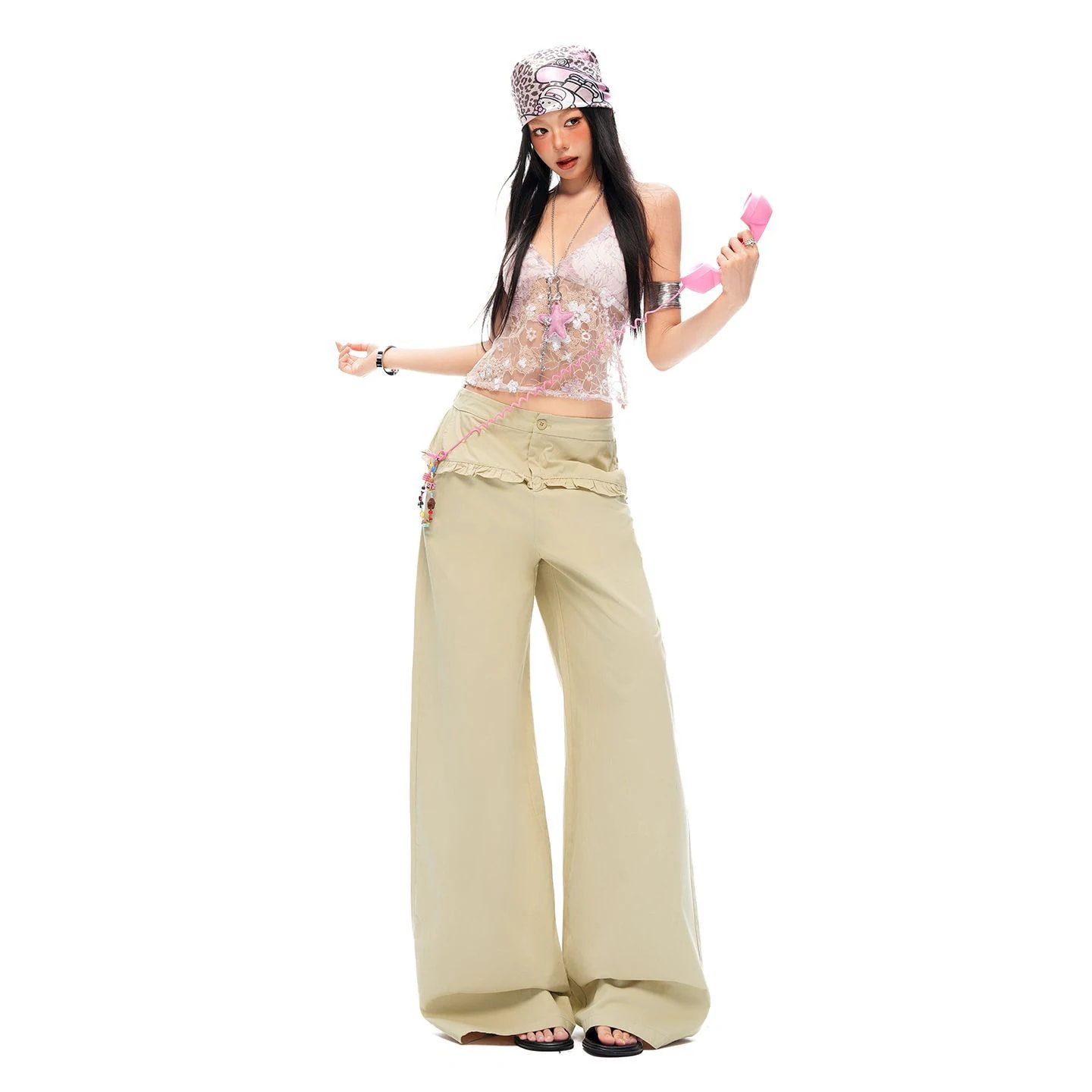 3日出荷 ワイドパンツ ハイウエスト カーブ 春夏 ゆったり フリル切り替え ストレート
