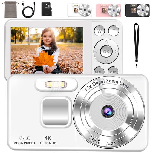 QZT デジタルカメラ 4K デジカメ 6400万画素 タイムプラス録画機能 2.8インチ大画面 オートフォーカス 18倍デジタルズーム OTG対応 スマホ連動 セルフタイマー ループ録画 LEDライ