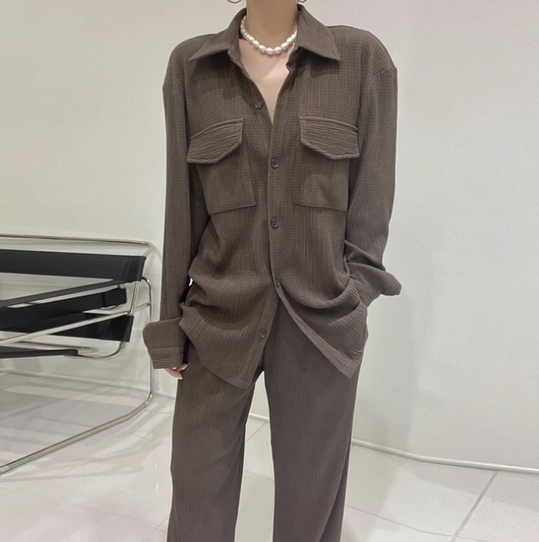 レディース トップス パンツ ボトムス シャツ セットアップ ワイドパンツ フルレングス 長袖 ドロップショルダー 襟付き ストレート ハイウエスト きれいめ 上品 おしゃれ かっこいい レトロ