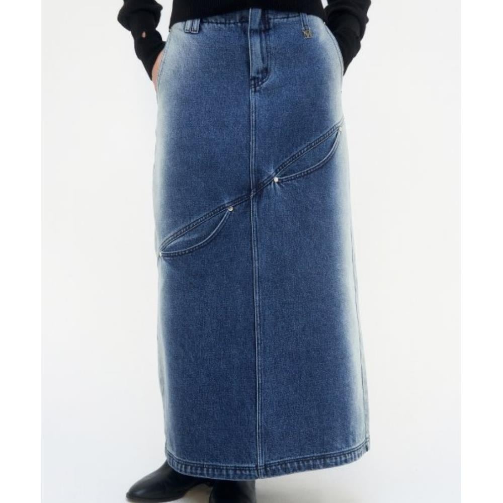 TREEMINGBIRD Curved Pocket Cut Denim Skirt Blue TMB234