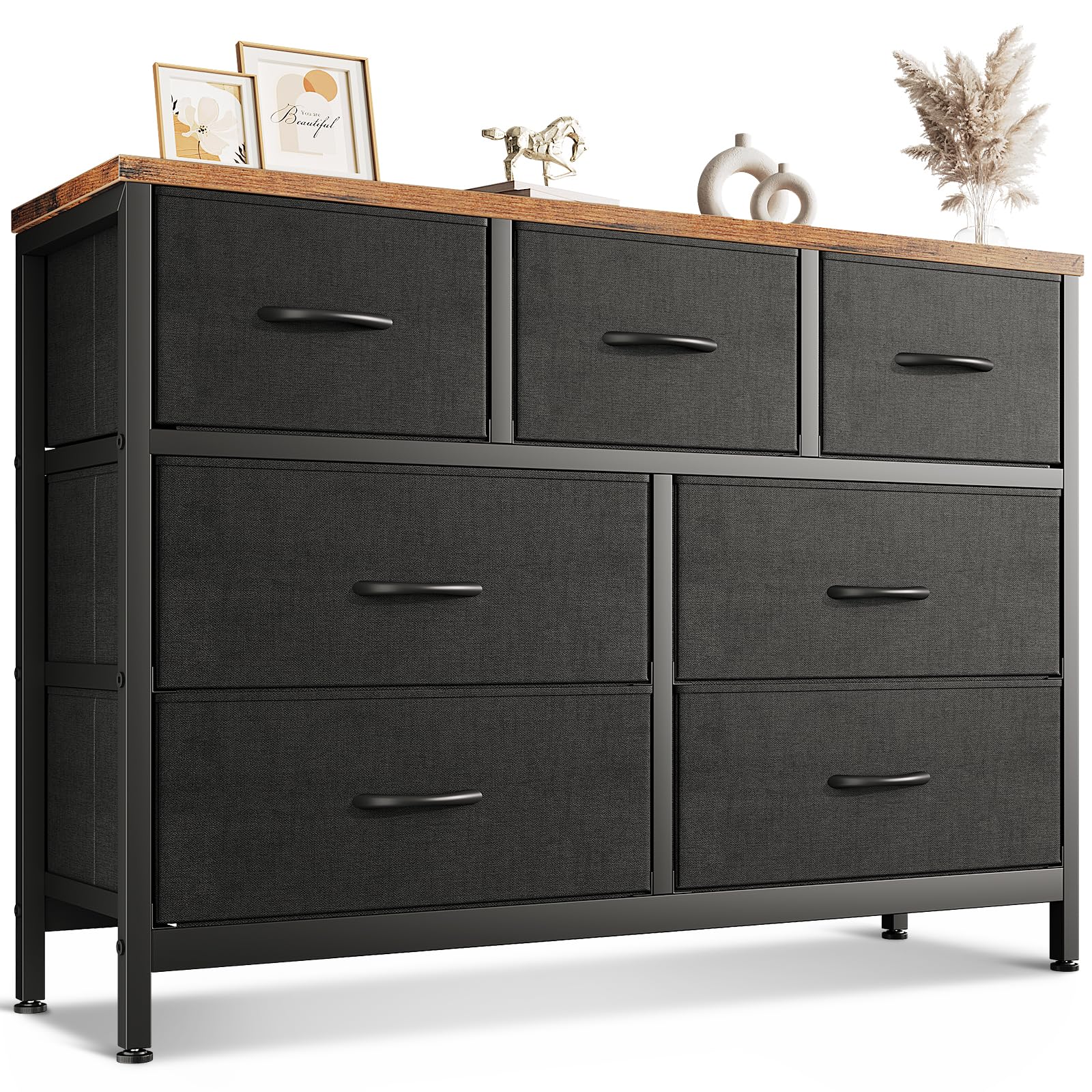 チェスト タンス 棚 収納 幅100×奥行き30×高さ77.5cm たんす 大容量 リビング収納 洋服タンス 布製引き出し 衣装ケース 転倒防止 安定感 3段7杯 ブラック 6,450円