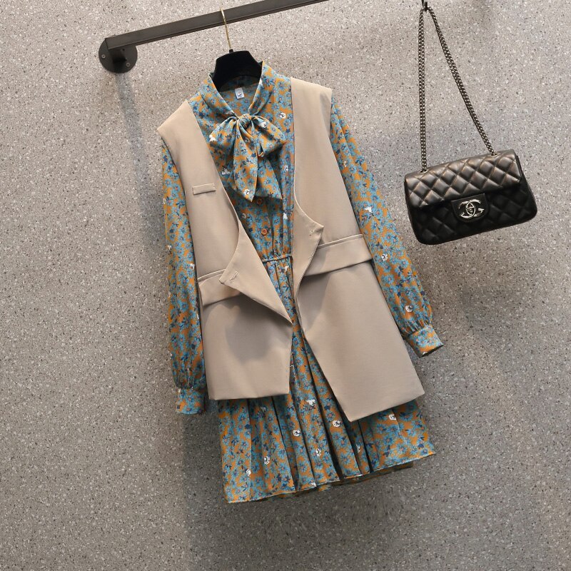 初春プラスサイズの女性の太った姉妹の新しいスタイルの痩身年齢を減らすベスト花柄のドレスツーピ