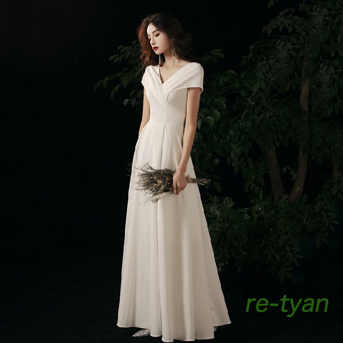 ウェディングドレス 結婚式二次会花嫁ドレス 白ワンピース大きいサイズ披露宴ロングドレス 袖あり vネ